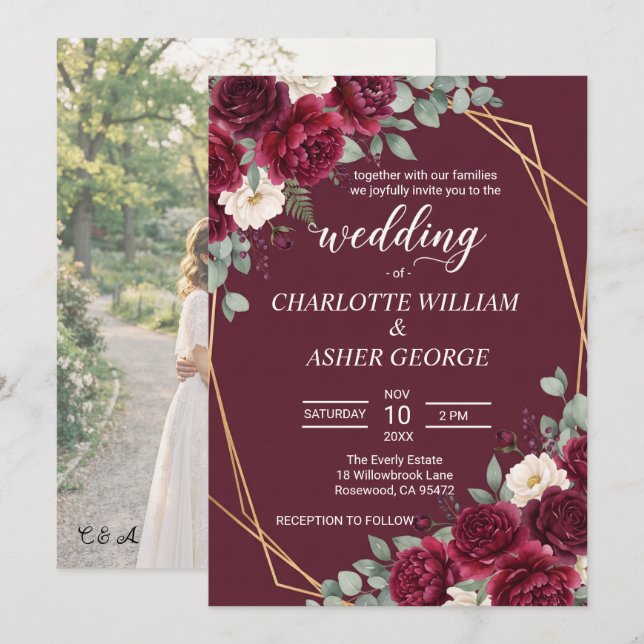 Convite de Casamento com Foto em Moldura Dourada e (Frente/Verso)