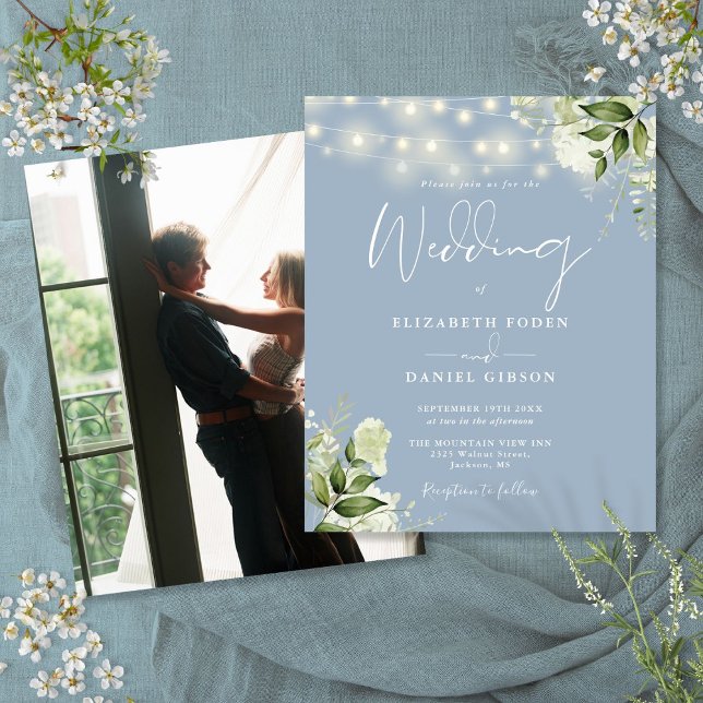 Convite de Casamento com Foto em Pó Floral Azul De (Budget Floral Dusty Blue Photo Wedding Invite)