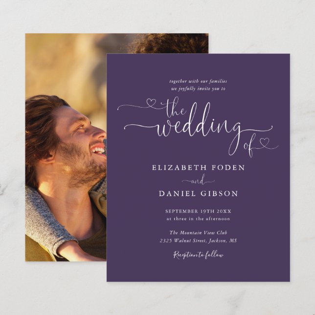 Convite de Casamento com Foto em Rótulo Roxo Econô (Frente/Verso)