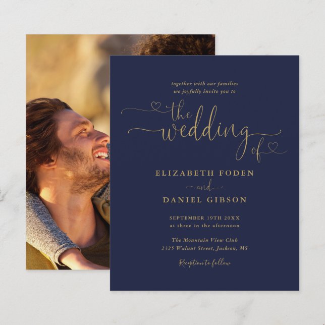 Convite de Casamento com Foto em Script Navy Gold  (Frente/Verso)