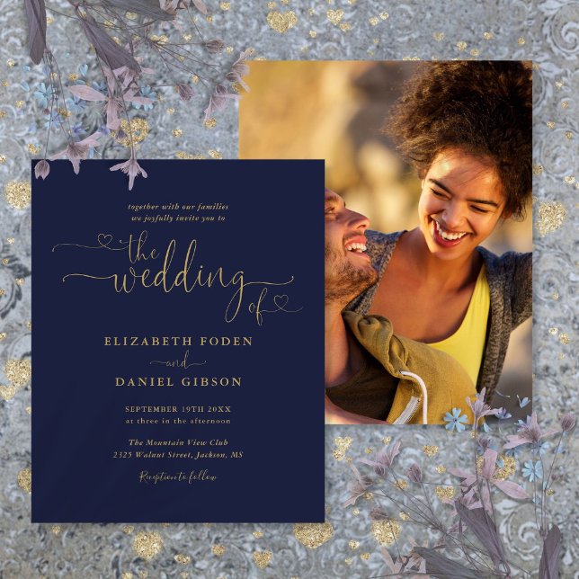 Convite de Casamento com Foto em Script Navy Gold  (Budget Navy Gold Heart Script Photo Wedding Invite)