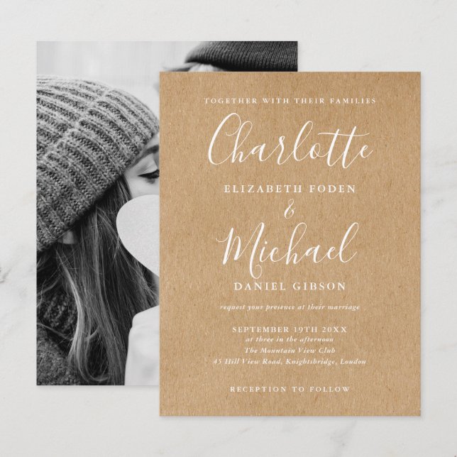 Convite de Casamento com Foto em Script Rústico Kr (Frente/Verso)