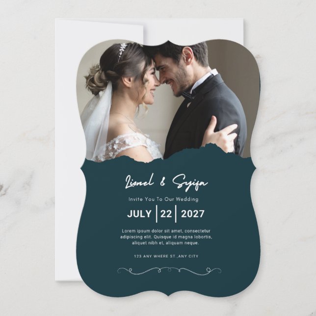 Convite de Casamento com Foto em Teal Escuro Moder (Frente)
