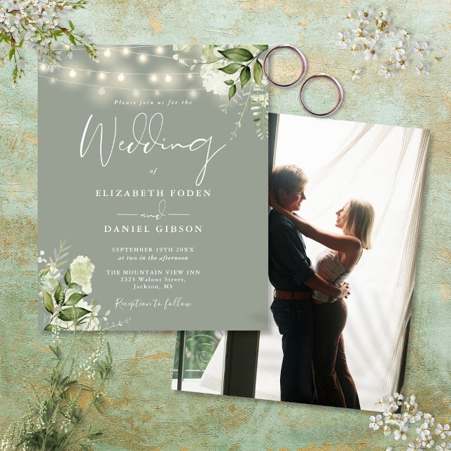 Convite de casamento com foto em tom verde sage fl (Budget Floral Sage Green Photo Wedding Invite)