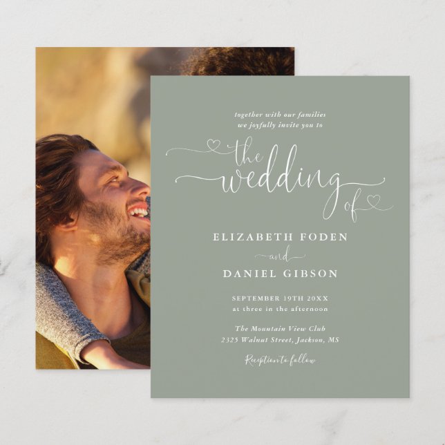 Convite de Casamento com Foto em Verde Musgo Orçam (Frente/Verso)