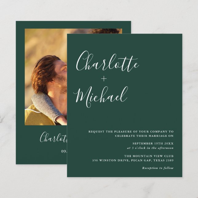 Convite de Casamento com Foto Esmeralda em Script  (Frente/Verso)