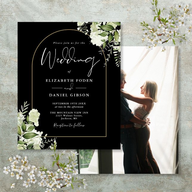 Convite de Casamento com Foto Floral Arco de Ouro  (Budget Black Gold Arch Floral Photo Wedding Invite)