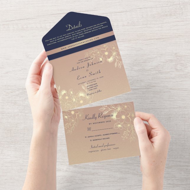 Convite de Casamento com Foto Floral Azul Marinho  (Aba destacável)