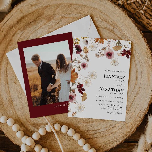 Convite de Casamento com Foto Floral Boho Outono e (Fall Burgundy Floral Wedding Photo Invitation)