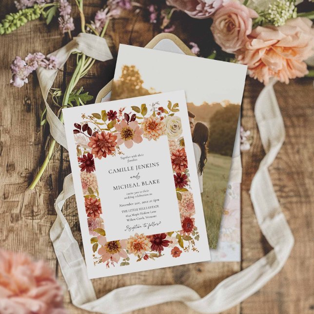 Convite de Casamento com Foto Floral Boho Terracot (Rustic Botanical Fall Photo Wedding invite)