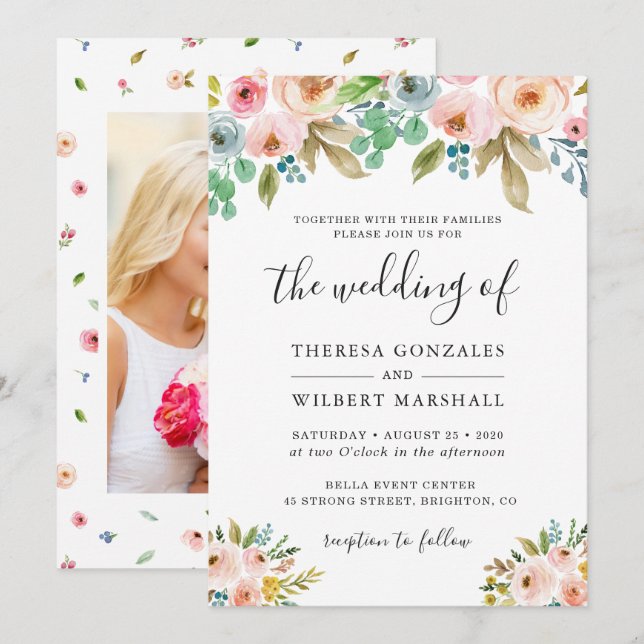 Convite de Casamento com Foto Floral em Aquarela (Frente/Verso)