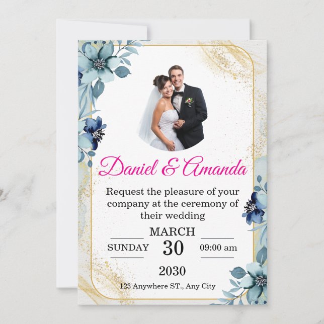 Convite de Casamento com Foto Floral em Azul Desbo (Frente)