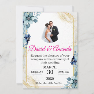 Convite de Casamento com Foto Floral em Azul Desbo