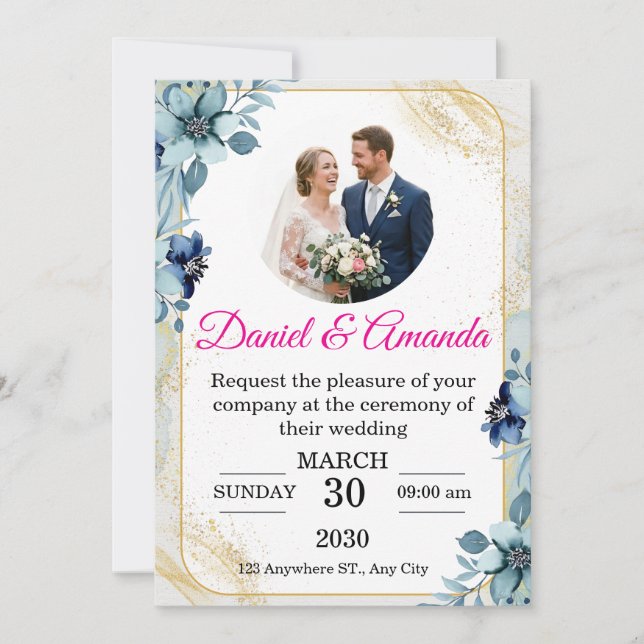 Convite de Casamento com Foto Floral em Azul Poeir (Frente)