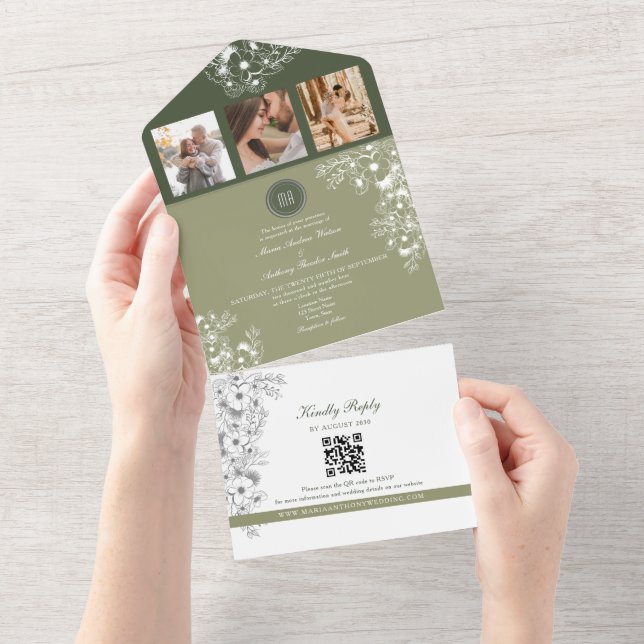 Convite de Casamento com Foto Floral em Verde Oliv (Aba destacável)