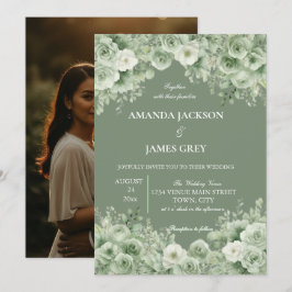 Convite de Casamento com Foto Floral em Verde Sage