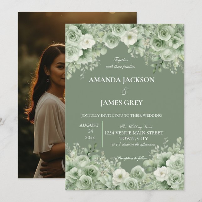 Convite de Casamento com Foto Floral em Verde Sage (Frente/Verso)