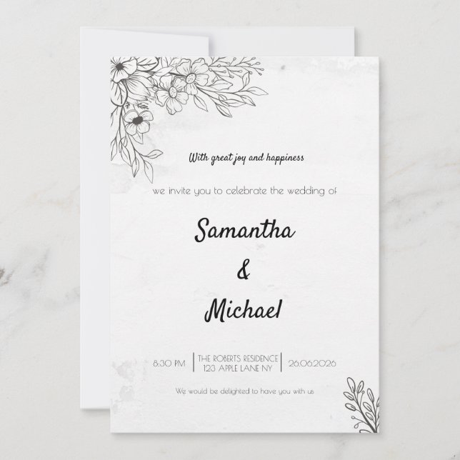 Convite de Casamento com Foto Floral Preto e Branc (Frente)