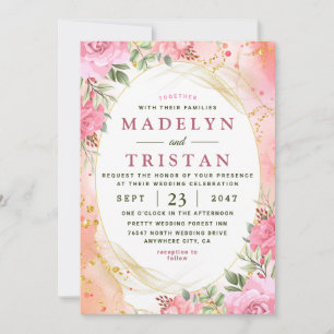 Convite de Casamento com Foto Floral Rosa e Dourad