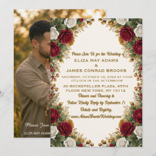Convite de Casamento com Foto Floral Rose Gold de