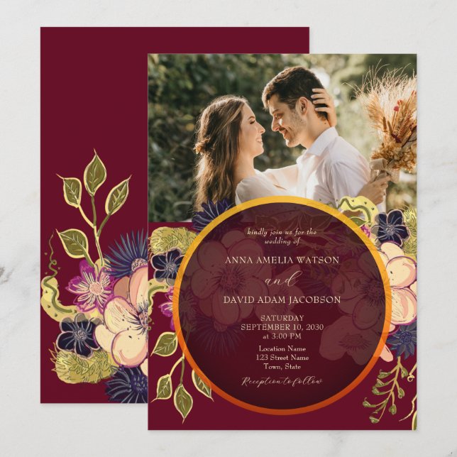 Convite de Casamento com Foto Floral Rústica em Bo (Frente/Verso)
