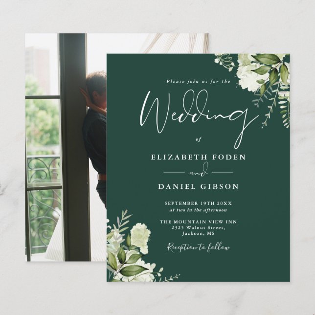 Convite de Casamento com Foto Folhagem Esmeralda O (Frente/Verso)