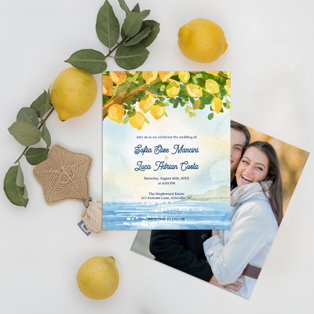 Convite de Casamento com Foto Limão da Costa Medit (Mediterranean Lemon Grove Watercolor Wedding Invitation with Photo Back | Coastal Amalfi Theme)
