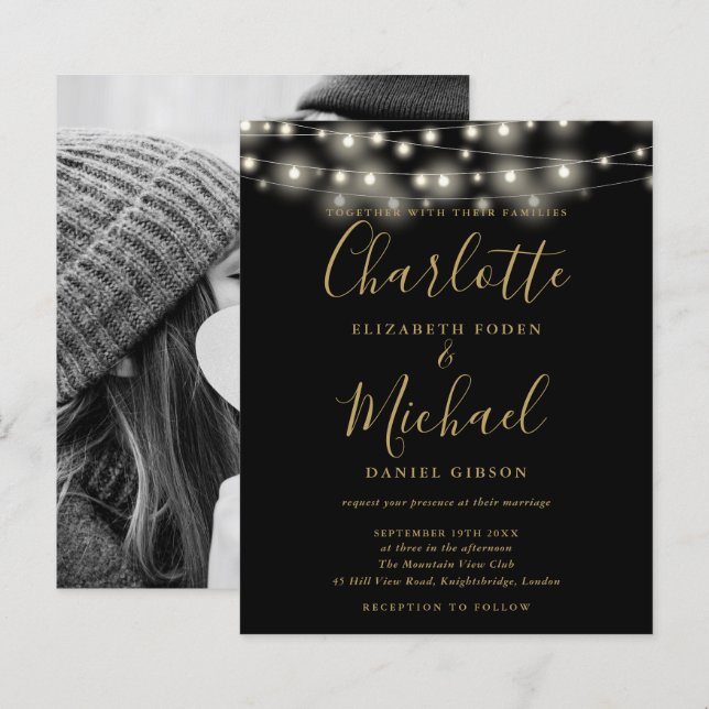 Convite de Casamento com Foto Luzes Black Gold Orç (Frente/Verso)