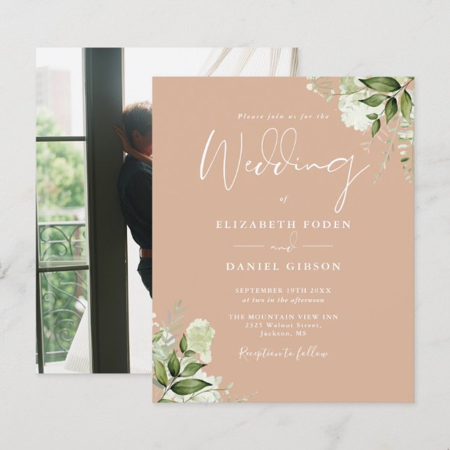 Convite de Casamento com Foto Marrom e Folhagem Ec (Frente/Verso)