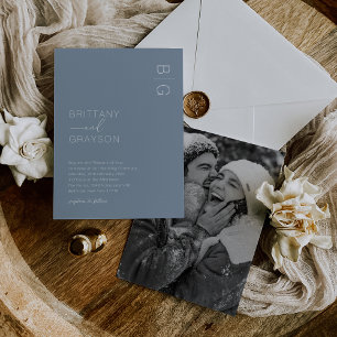 Convite de Casamento com Foto Monograma Azul Poeir
