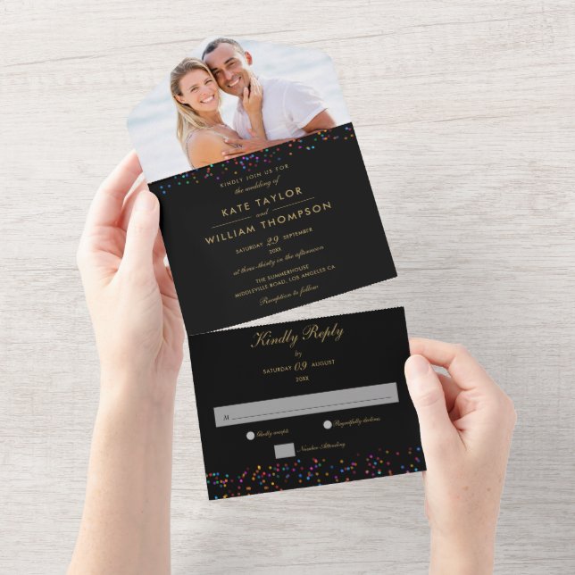Convite de Casamento com Foto Monograma Confetes A (Aba destacável)