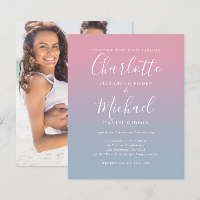 Convite de Casamento com Foto Ombre Rosa Azul Orça (Frente/Verso)