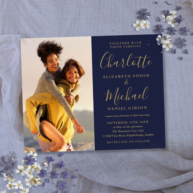 Convite de Casamento com Foto Orçamento Azul Marin (Budget Photo Wedding Navy Blue And Gold Invitation)