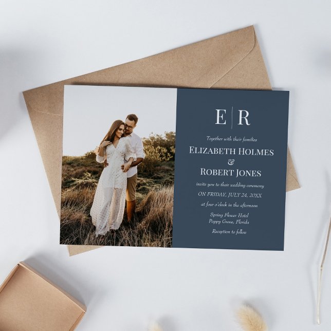 Convite de Casamento com Foto Personalizada e Mono (Elegant Slate Blue Monogram Custom Photo Wedding Invitation on neutral boho wedding table.)