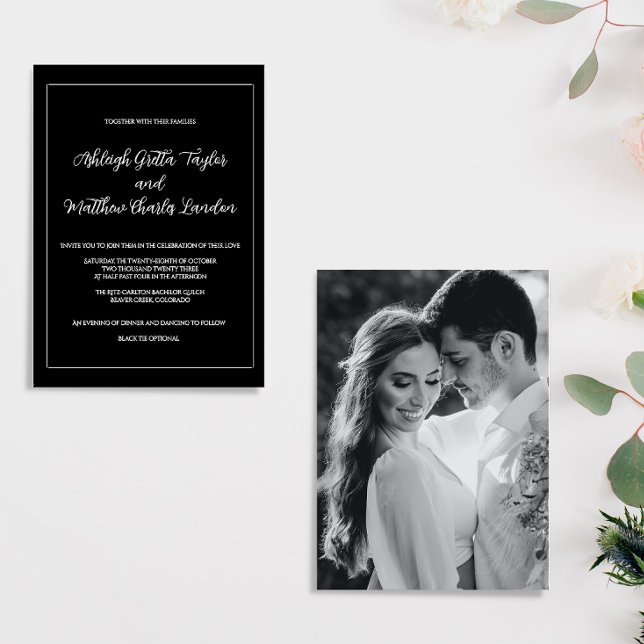 Convite de Casamento com Foto Preto e Branco Elega (Criador carregado)