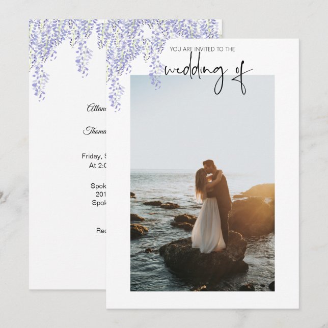 Convite de Casamento com Foto Roxa Wisteria (Frente/Verso)
