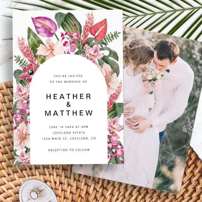 Convite de Casamento com Foto Tropical Colorida (Colorful Tropical Floral Photo Wedding Invitation by Painted Paperie
)