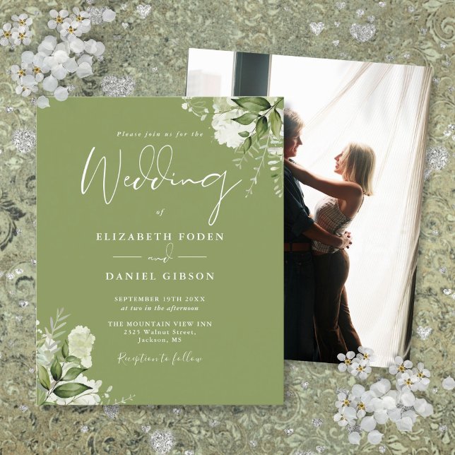 Convite de casamento com foto verde musgo de folha (Budget Foliage Moss Green Photo Wedding Invitation)