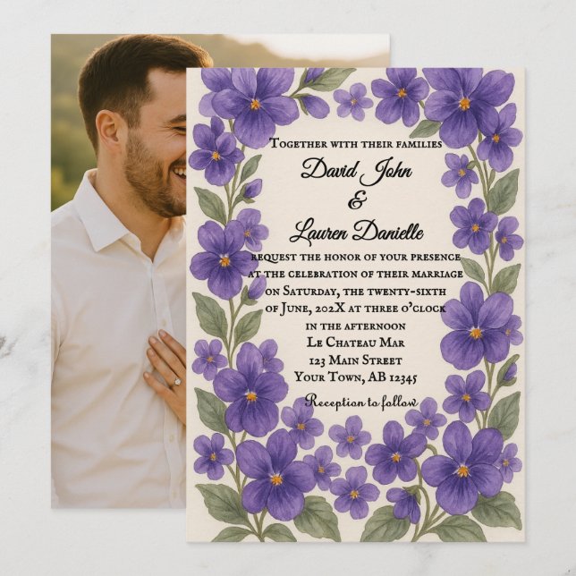 Convite de Casamento com Foto Véu Violeta (Frente/Verso)