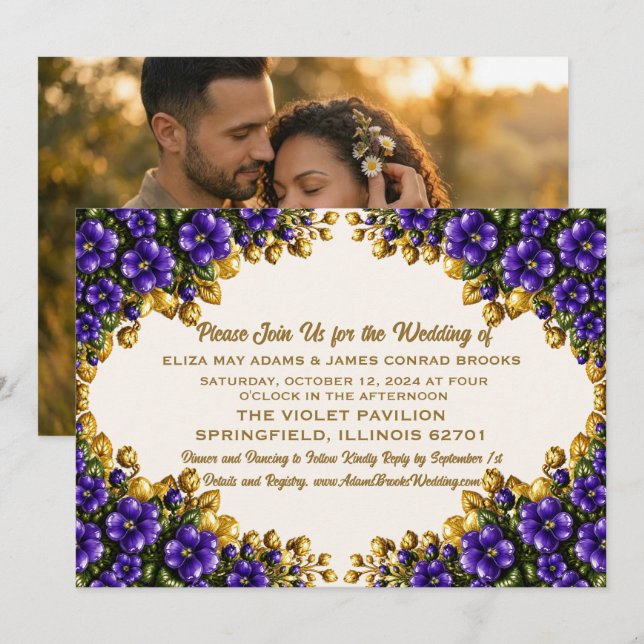 Convite de Casamento com Foto Violeta Azul de Illi (Frente/Verso)