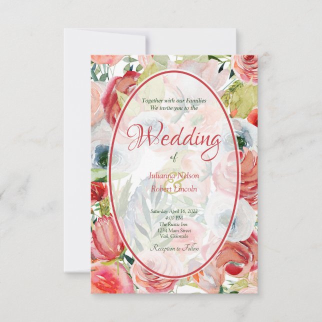 convite de casamento com fundo floral laranja e ve (Frente)