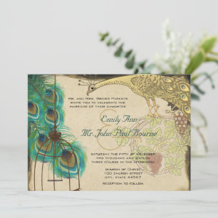 Convite de Casamento com Gaiola de Pássaros Pavão