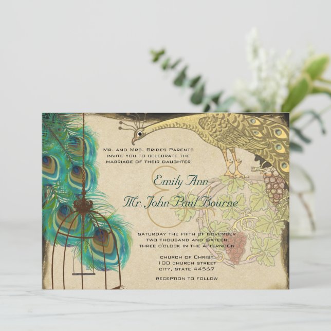 Convite de Casamento com Gaiola de Pássaros Pavão  (Em pé/Frente)