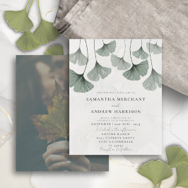 Convite de Casamento com Ginkgo em Aquarela Verde