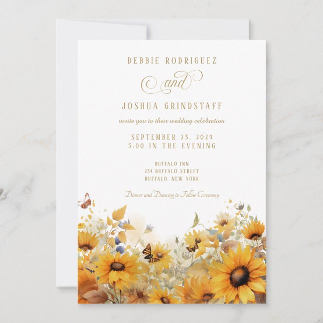 Convite de Casamento com Girassóis e Borboletas  (Frente)