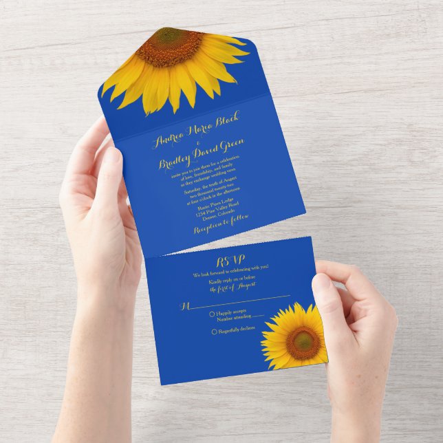 Convite de Casamento com Girassol Amarelo Azul Rea (Tearaway)