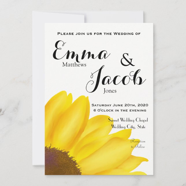 Convite de Casamento com Girassol e Fundo Branco (Frente)