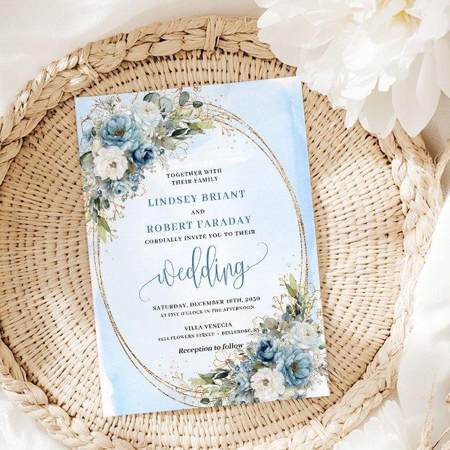 Convite de Casamento com Glitter Dourado e Floral  (Pastel Blue Floral Gold Glitter Wedding Invitation)