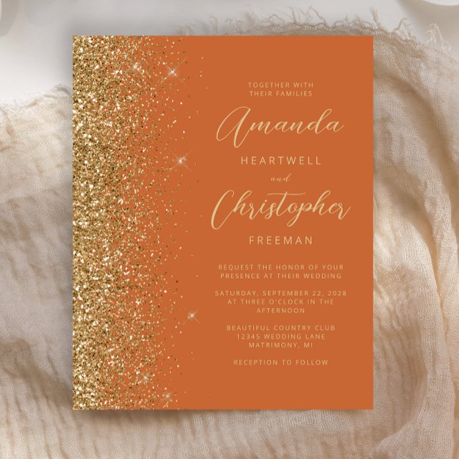 Convite de Casamento com Glitter Dourado Laranja Q (Criador carregado)