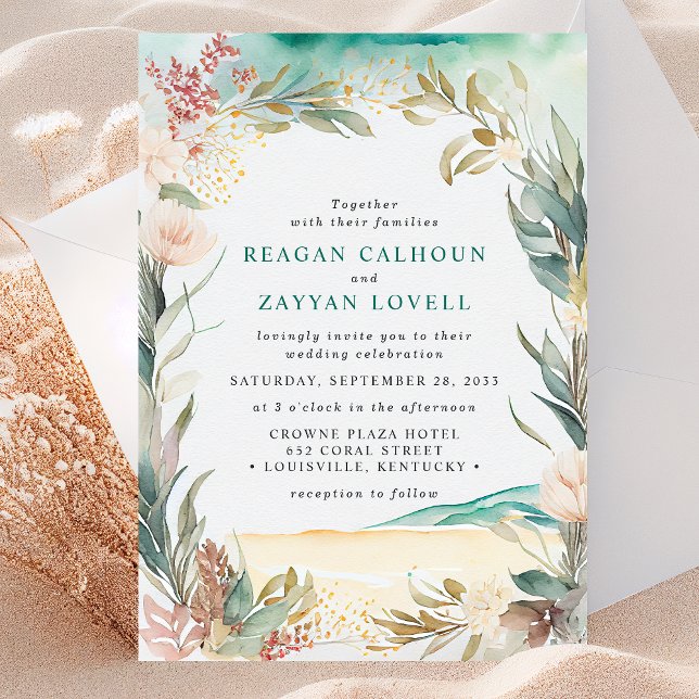 Convite de Casamento com Grama de Praia Floral em  (Criador carregado)